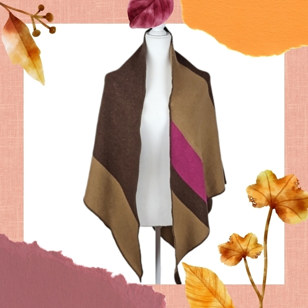 Wool Blend Triangle Scarf Mocha Mousse Brown and Pink Colorblock, 37" x 72"